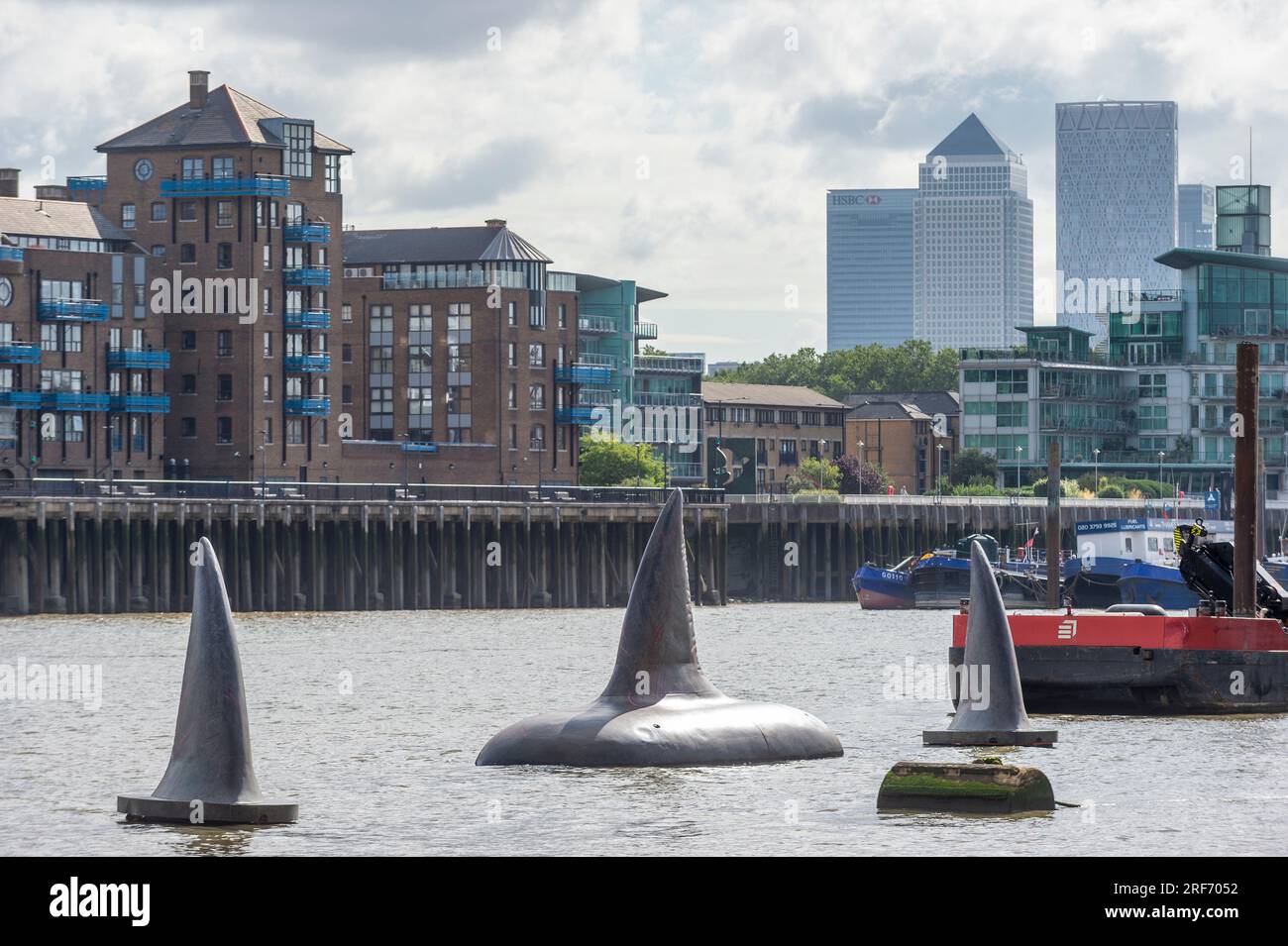 Londres, Royaume-Uni. 1 août 2023. Trois ailerons géants de requin Megalodon semblent s'élever à la surface de la Tamise près de Tower Bridge pour promouvoir la sortie britannique, le 4 août, du Warner Bros. Film d'images 'Meg 2 : The Trench', avec Jason Statham. Selon le Muséum d'histoire naturelle, l'espèce préhistorique connue sous le nom d'Otodus megalodon était le plus grand requin du monde, et l'un des plus grands poissons jamais existants. Crédit : Stephen Chung / Alamy Live News Banque D'Images