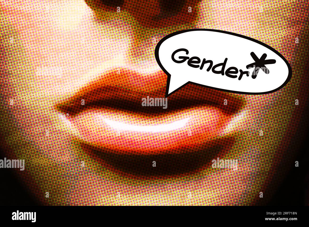 FOTOMONTAGE, Mund einer Frauenfigurr mit Sprechblase, Schriftzug Gender und Gendersternchen, Symbolfoto Gendersprache Banque D'Images