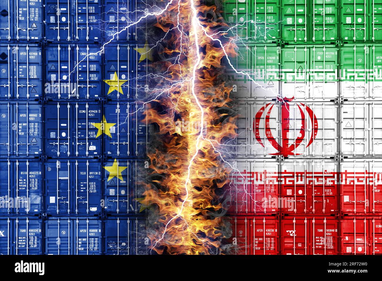 FOTOMONTAGE, Gestapelte Container mit den Fahnen von eu und dem Iran mit Flammen und Blitz, Symbolfoto eu-Sanktionen gegen den Iran Banque D'Images