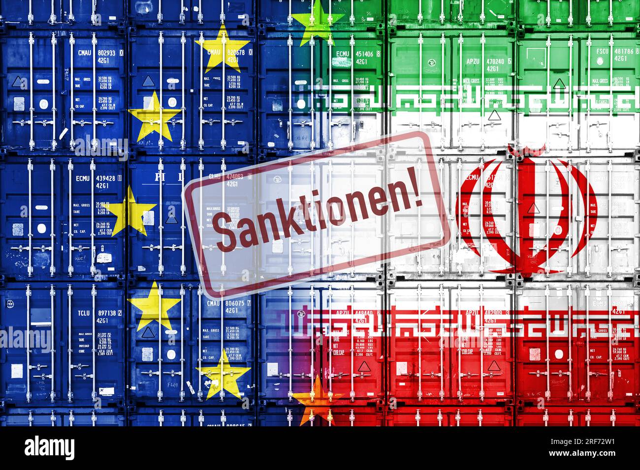 FOTOMONTAGE, Gestapelte Container mit den Fahnen von eu und dem Iran und Schild mit Aufschrift Sanktionen, Symbolfoto eu-Sanktionen Banque D'Images