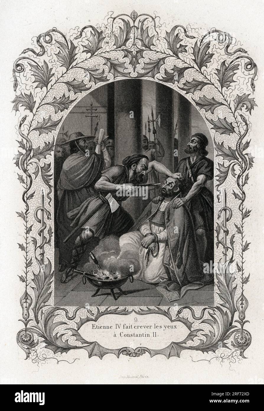 Saint Etienne III (ou Etienne IV) (pape de 768 a 772) faire craquer les yeux de Constantin II (antipape de 767 a 768) en 768. Gravure pour illustrer Histoire des papes par Maurice Lachatre (1814-1900), librairie du progres, Paris. Banque D'Images