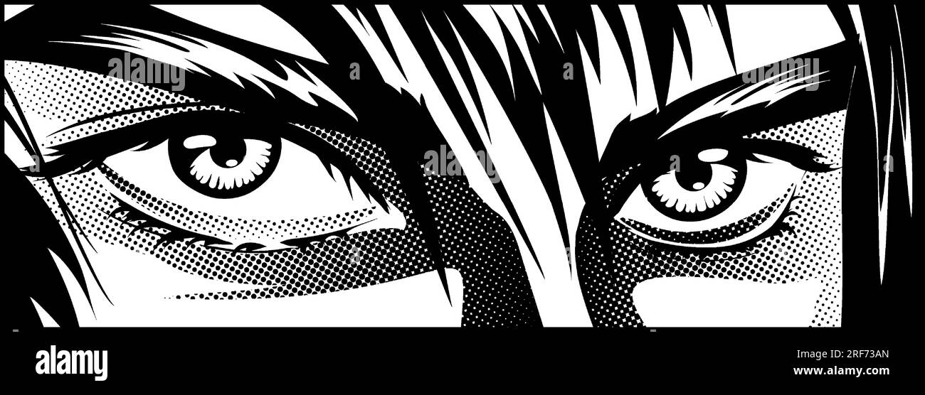 Yeux, regard en colère d'un homme dans le style manga et anime. Noir, couleurs blanches. Image vectorielle. Illustration de Vecteur