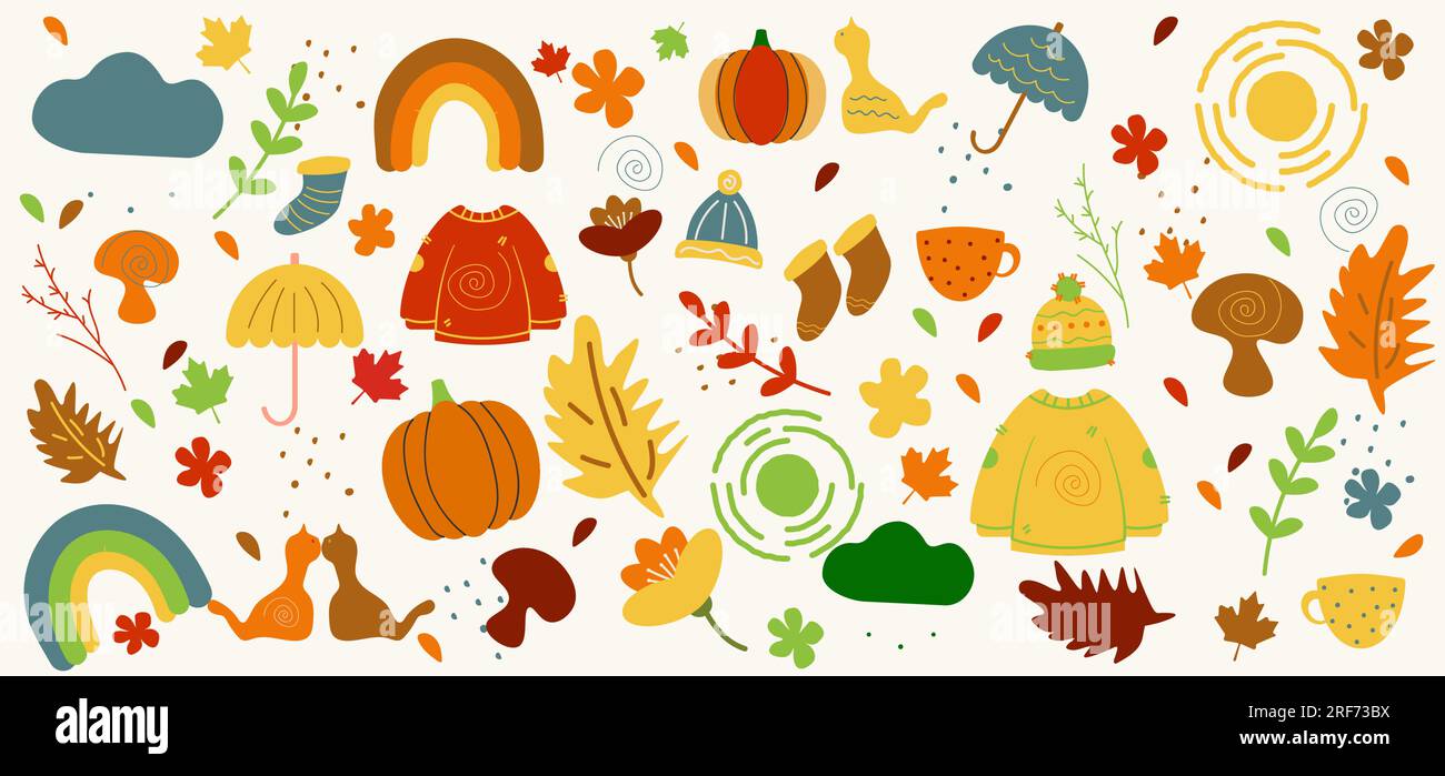 Collection vectorielle avec des symboles et des éléments d'automne. Couleurs d'automne . Illustration de Vecteur