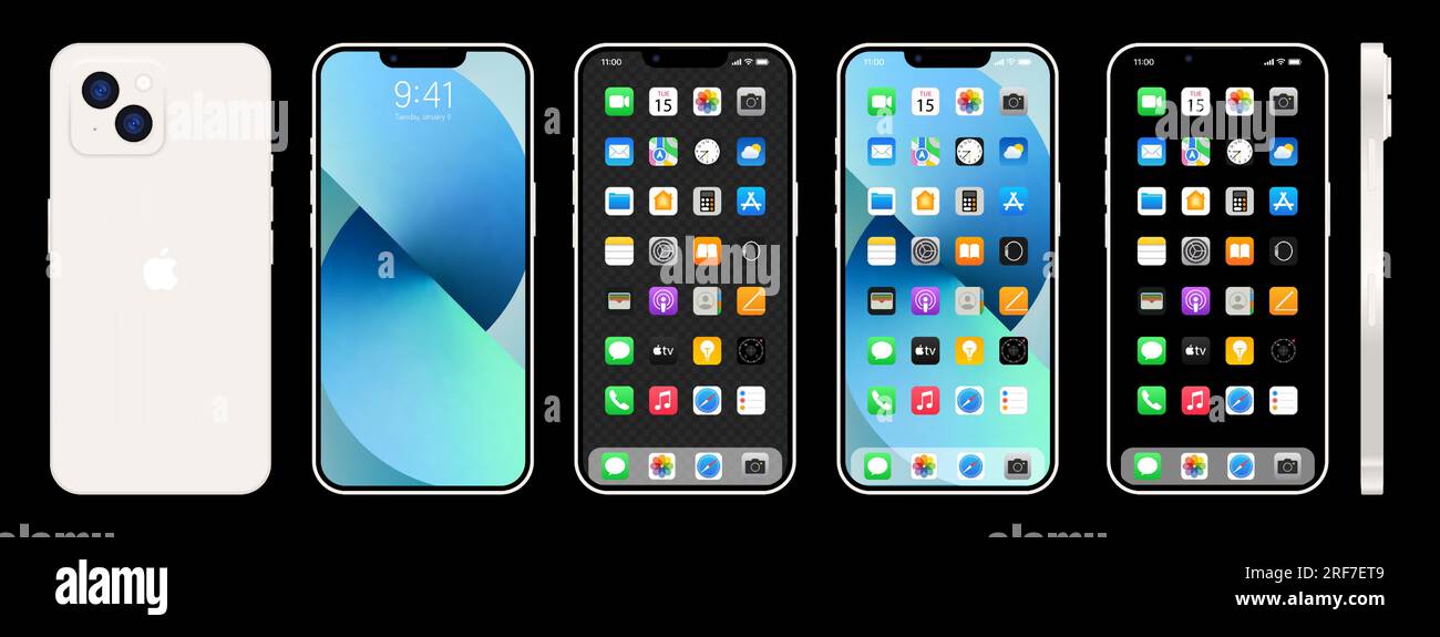 Nouvel iPhone 14 doré. Smartphone Apple inc. Avec ios 14. Écran verrouillé, page de navigation du téléphone, page d'accueil avec 47 applications populaires. Illustration vectorielle EPS10 Illustration de Vecteur