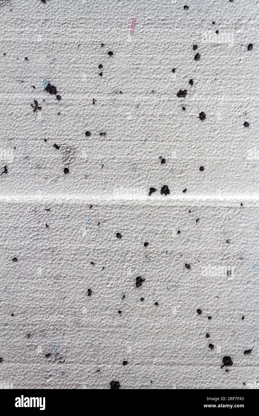 Photo de texture abstraite en gros plan de blanc compressé avec des blocs de styromousse à points noirs Banque D'Images