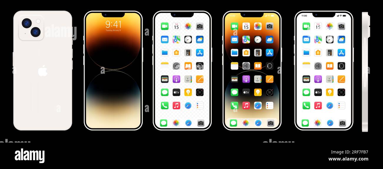 Nouvel iPhone 14 blanc. Apple inc. Smartphone avec ios 14. Écran verrouillé, page de navigation du téléphone, page d'accueil avec 47 applications populaires. Fond noir. Éditeur Illustration de Vecteur