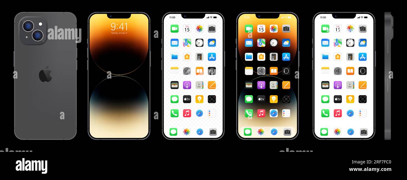 Nouvel iPhone 14 noir, gris. Apple inc. Smartphone avec ios 14. Écran verrouillé, page de navigation du téléphone, page d'accueil avec 47 applications populaires. Fond noir. Illustration de Vecteur