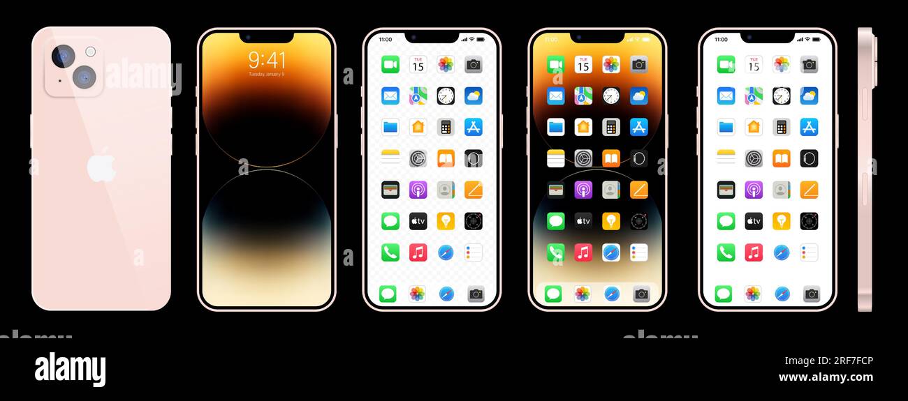 Nouvel iPhone 14 rose. Apple inc. Smartphone avec ios 14. Écran verrouillé, page de navigation du téléphone, page d'accueil avec 47 applications populaires. Fond noir. Editori Illustration de Vecteur