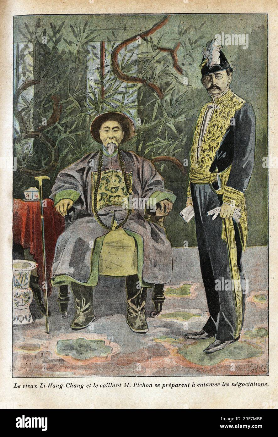 Li Hung Chang ( ou Li Hong Zhang, 1823-1901), General et principal commissaire de l'impératrice Cixi (1835-1908) pour traiter de la paix et le ministre des affaires étrangères Stephen Pichon ( 1857-1933). Gravure dans 'le pelerin' 23091900. Banque D'Images