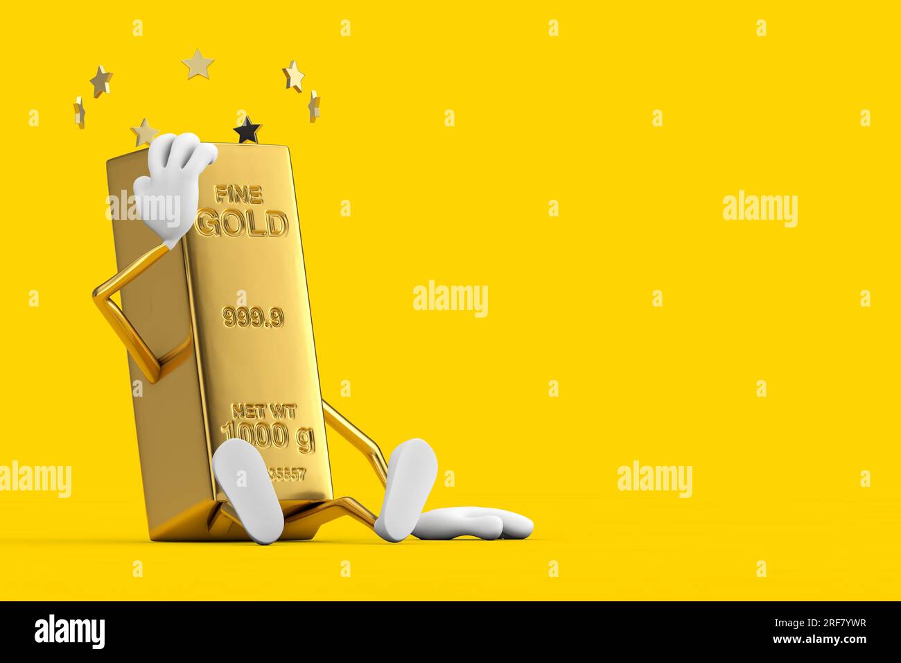 Assis Golden Bar Cartoon Person Mascot personnage avec des étoiles autour de la tête sur un fond jaune. Rendu 3D. Banque D'Images