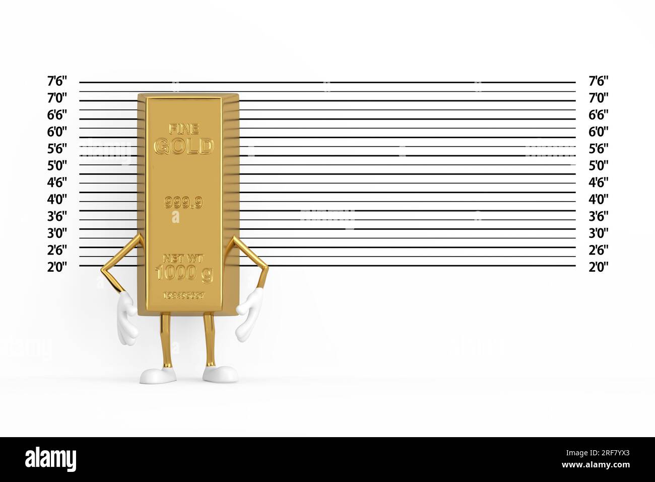 Golden Bar Cartoon Person personnage Mascot en face de police Line ou Mugshot fond extrême gros plan. Rendu 3D. Banque D'Images