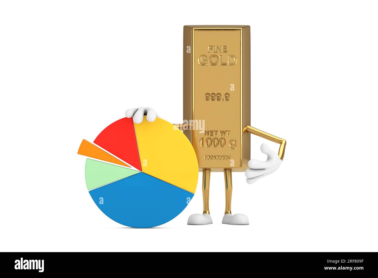 Golden Bar Cartoon Person personnage Mascot avec Info Graphics Business Pie Chart sur un fond blanc. Rendu 3D. Banque D'Images