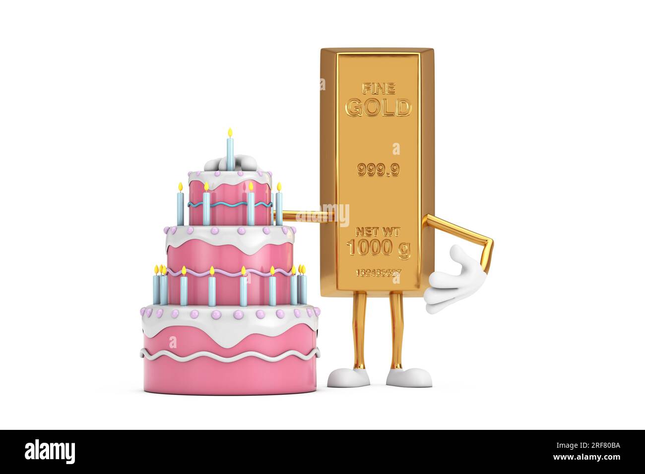Golden Bar Cartoon Person personnage Mascot avec anniversaire Cartoon dessert gâteau à plusieurs niveaux et bougies sur un fond blanc. Rendu 3D. Banque D'Images