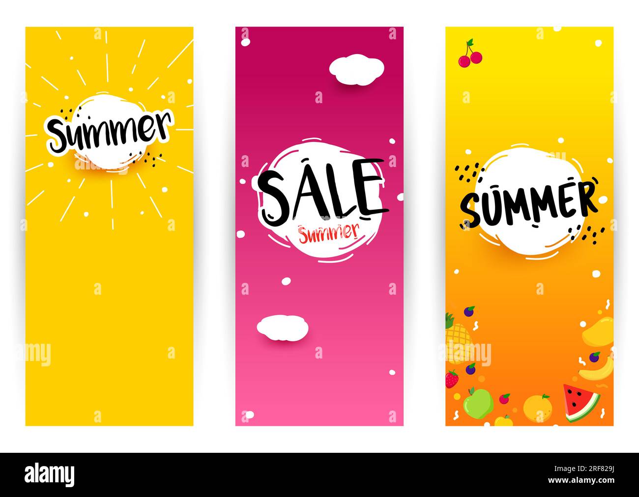 Définir la bannière verticale d'été avec la place pour le texte. Design de bannière de mise en page d'été de vente colorée. Offre de réduction. Fruits sur fond jaune. Vector illustr Illustration de Vecteur