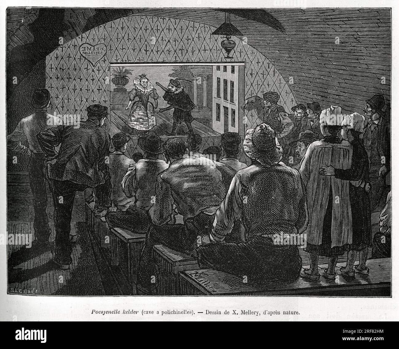 Cave a Polichinelles, une cave amenagee pour des spectacles de marionnettes . Gravure de X.Mellery, pour illustrer le recit la Belgique, par Camille Lemonnier, publiée dans le Tour du monde, sous la direction d'Edouard Charton ( 1807-1890), 1882, Paris. Banque D'Images