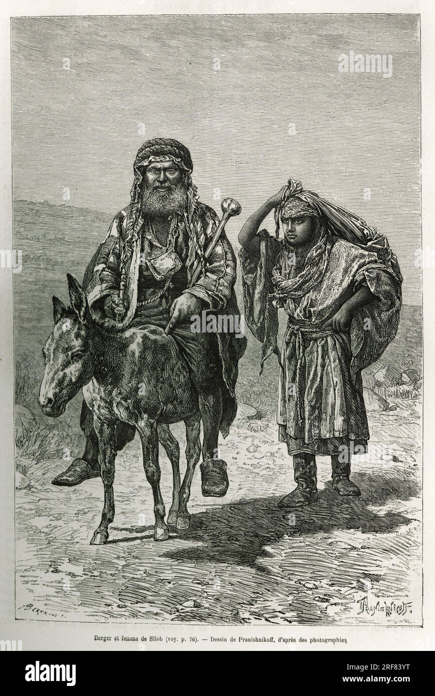 Berger et femme de Siloh. Gravure de Y.Pranishnikoff, pour illustrer le recit la Syrie d'aujourd'hui, par M.Lortet, doyen de la faculté de médecine de Lyon, charge d'une mission scientifique par le ministère de l'instruction publique, publiée dans le Tour du monde, sous la direction d'Edouard Charton ( 1807-1890), 1881, Paris. Banque D'Images