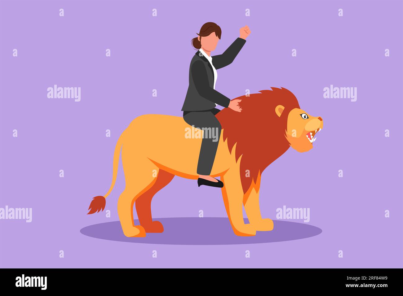 Personnage plat dessin femme d'affaires de cheval symbole de lion de succès. Concept de métaphore commerciale, en regardant l'objectif, la réalisation, le leadership. Professionnel Banque D'Images