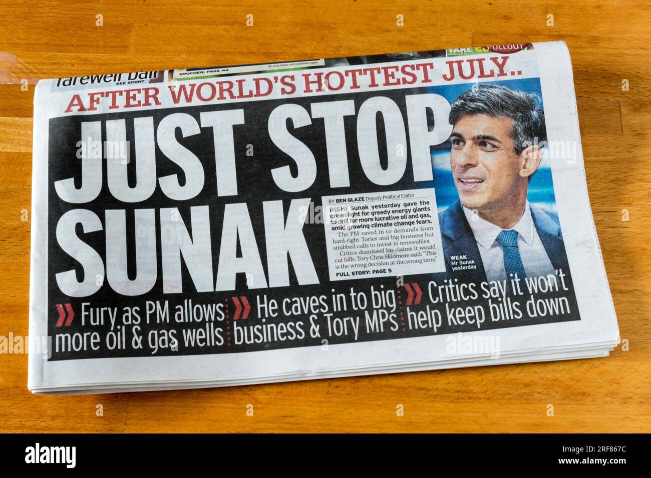 01 septembre 2023 le titre du Daily Mirror indique Just Stop Sunak. Une référence aux manifestations Just Stop Oil et au retrait du gouvernement des politiques environnementales. Banque D'Images