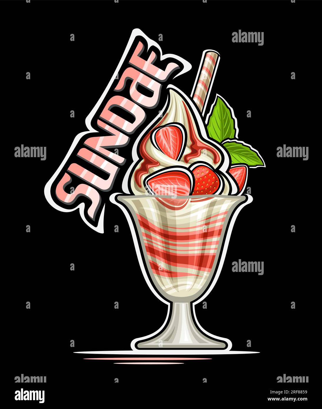 Logo Vector pour Sundae, affiche décorative avec illustration de crème glacée sundae avec confiture rouge en couches décorées bâton de gaufrette, demi-fraises tranchées, Illustration de Vecteur