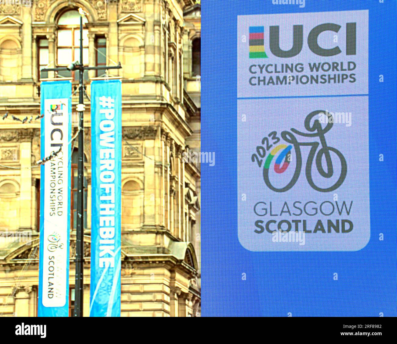 Glasgow, Écosse, Royaume-Uni 31 juillet 2023. Des barrières anti-terroristes UCI sont installées pour les championnats du monde dans les rues de la ville et canalisent les foules pour la vérification des bagages avec la circulation et les barrières. George Square voit la porte de la ligne de départ installée avec des barrières bordant le départ. Crédit Gerard Ferry/Alamy Live News Banque D'Images