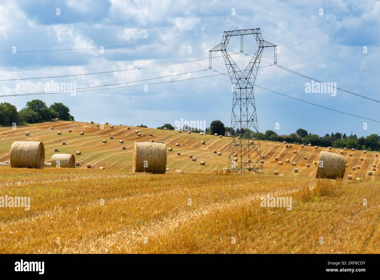 Balles de paille dans le soleil d'été sur une colline en Hongrie avec un poteau électrique en arrière-plan Banque D'Images