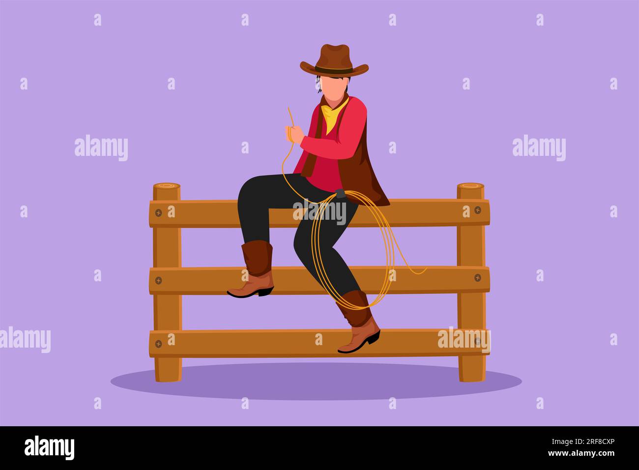 Design plat graphique dessin cow-boy américain avec corde de lasso assis sur une clôture en bois avec paysage de coucher de soleil ouest sauvage dans la soirée. Style de vie cow-boy Banque D'Images