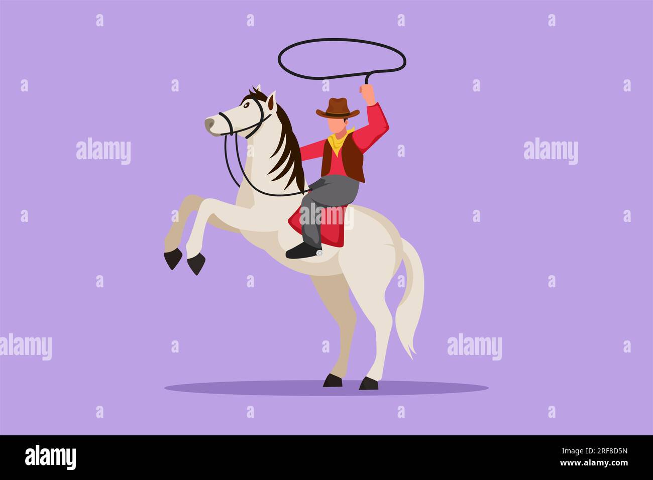 Personnage à plat dessin stylisé cow-boy lançant lasso équitation élevant des chevaux. Cow-boy américain à cheval et lancer le lasso. Mignon cow-boy avec corde Banque D'Images