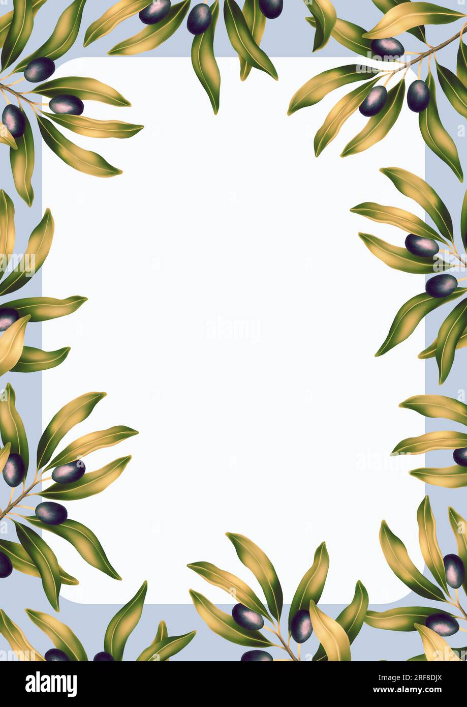 Modèle A4 rectangulaire pour texte avec branches et feuilles d'olivier. Cadre ou bordure avec motifs botaniques. Illustration pour joli mariage romantique Banque D'Images