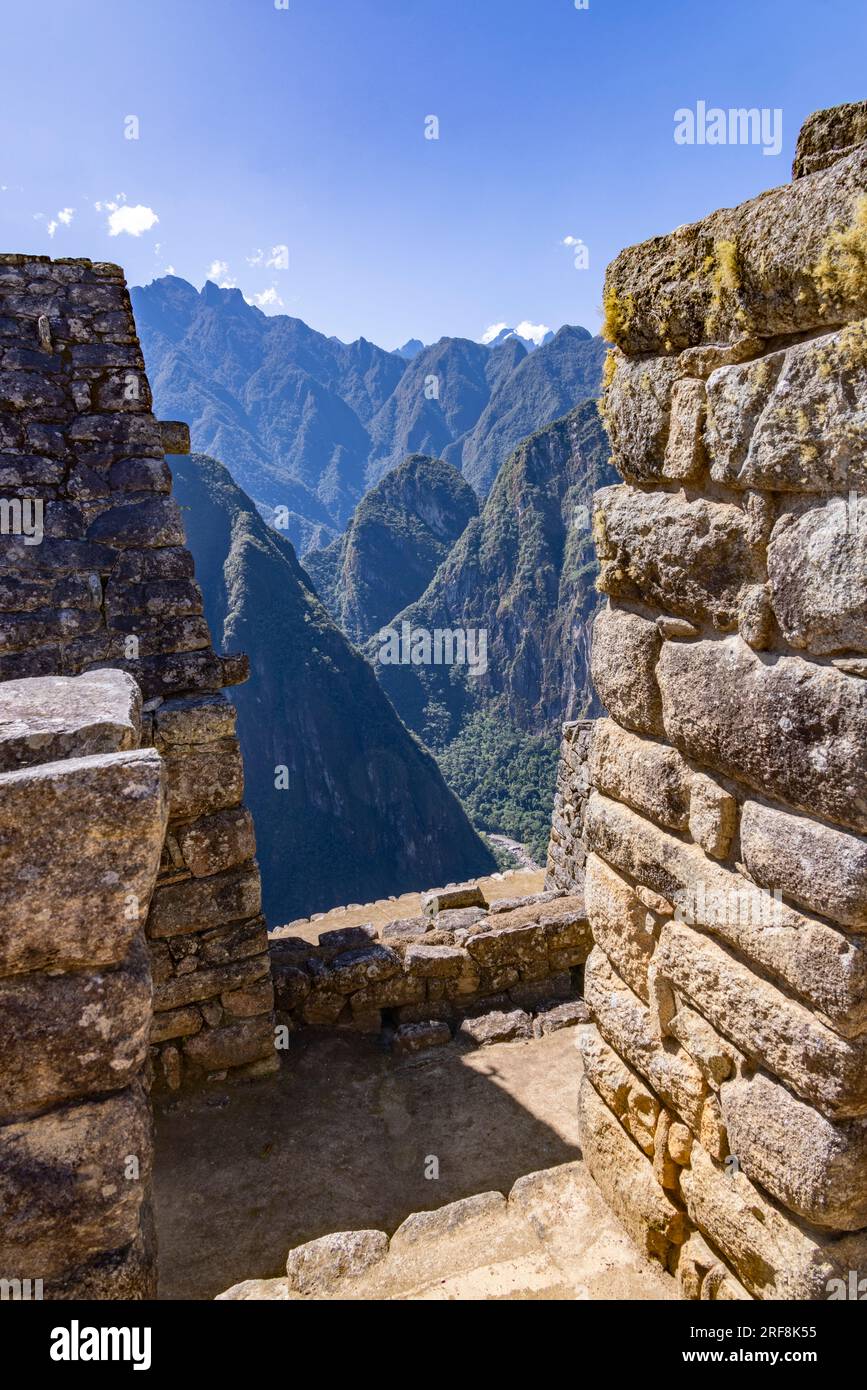 Maçonnerie, ruines incas du Machu Picchu, Pérou, Amérique du Sud Banque D'Images