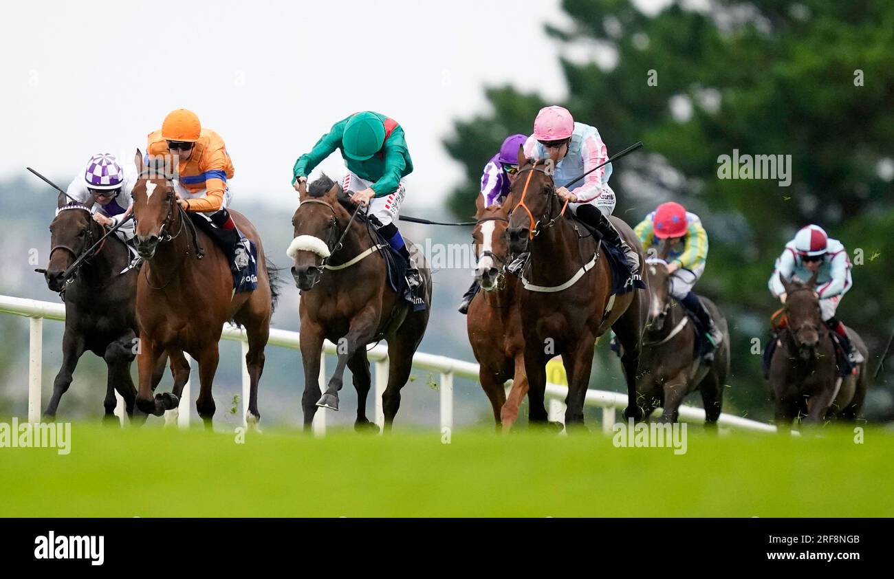 Purple Lily monté par William James Lee (troisième à droite) sur leur chemin vers la victoire dans le COLM QUINN BMW Irish EBF Fillies Maiden lors de la deuxième journée du Galway races Summer Festival à Galway Racecourse. Date de la photo : mardi 1 août 2023. Banque D'Images