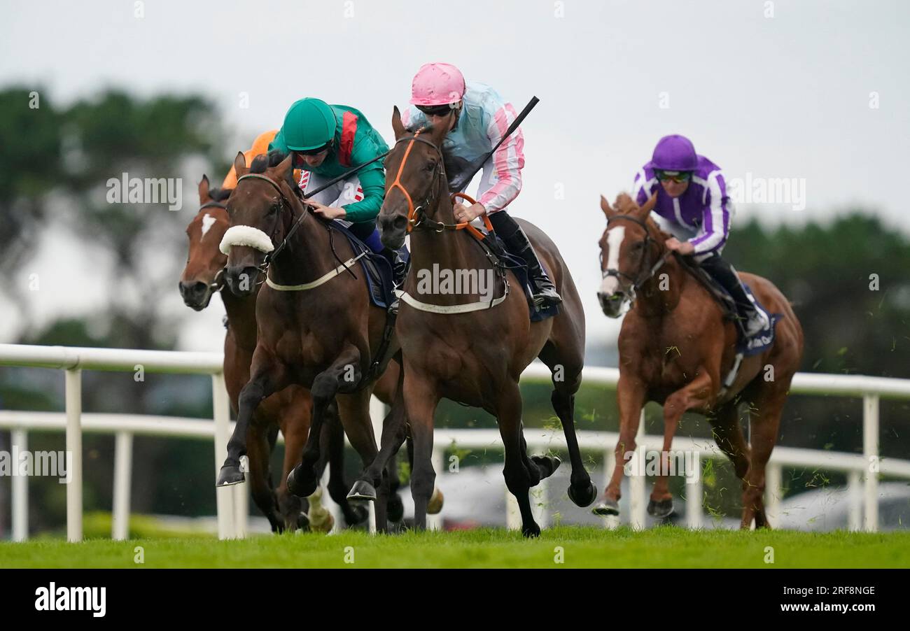 Purple Lily monté par William James Lee (deuxième à droite) sur leur chemin vers la victoire dans le COLM QUINN BMW Irish EBF Fillies Maiden lors de la deuxième journée du Galway races Summer Festival à Galway Racecourse. Date de la photo : mardi 1 août 2023. Banque D'Images