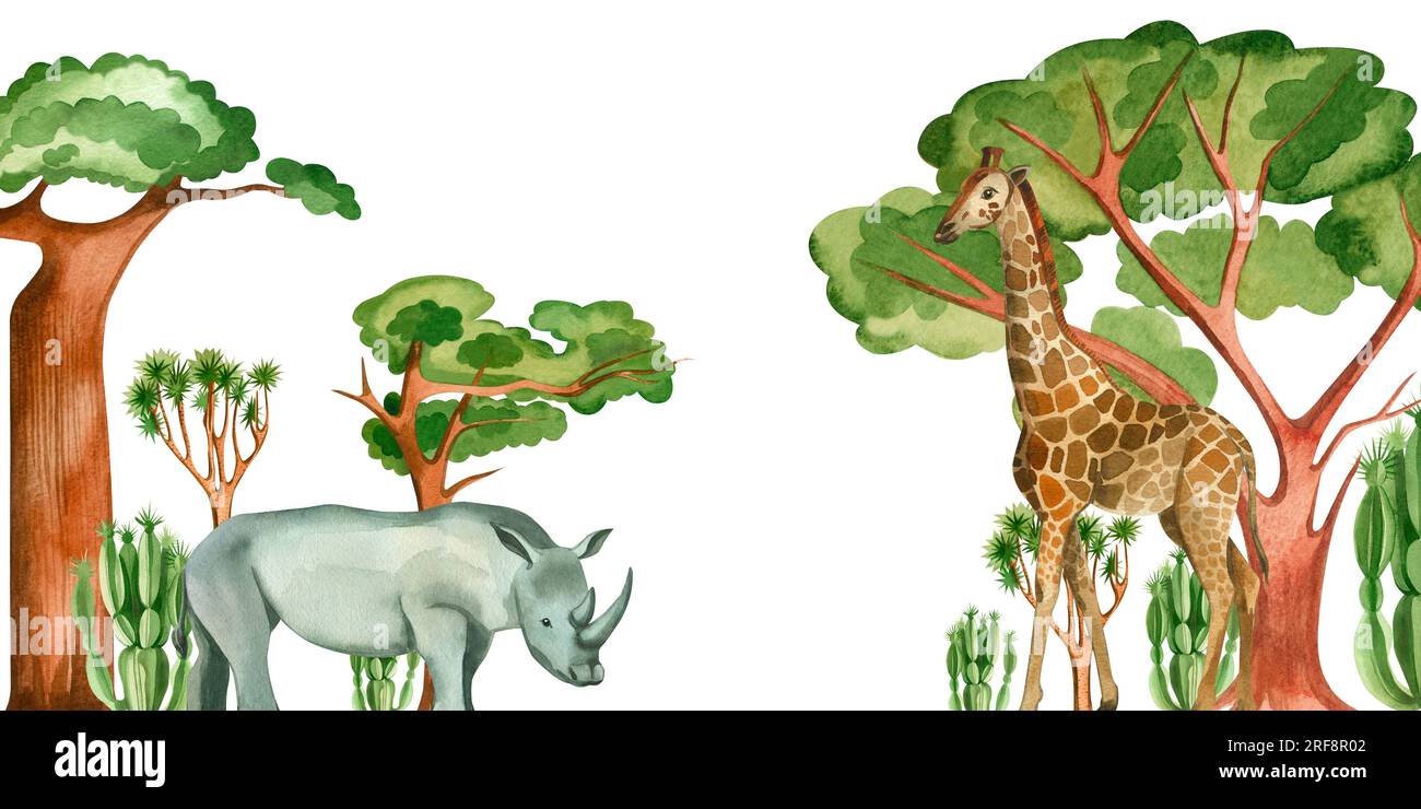 Illustration aquarelle sur fond blanc. Girafe et rhinocéros parmi les arbres et les cactus, tous les éléments sont dessinés à la main à l'aquarelle. Convient pour p Banque D'Images