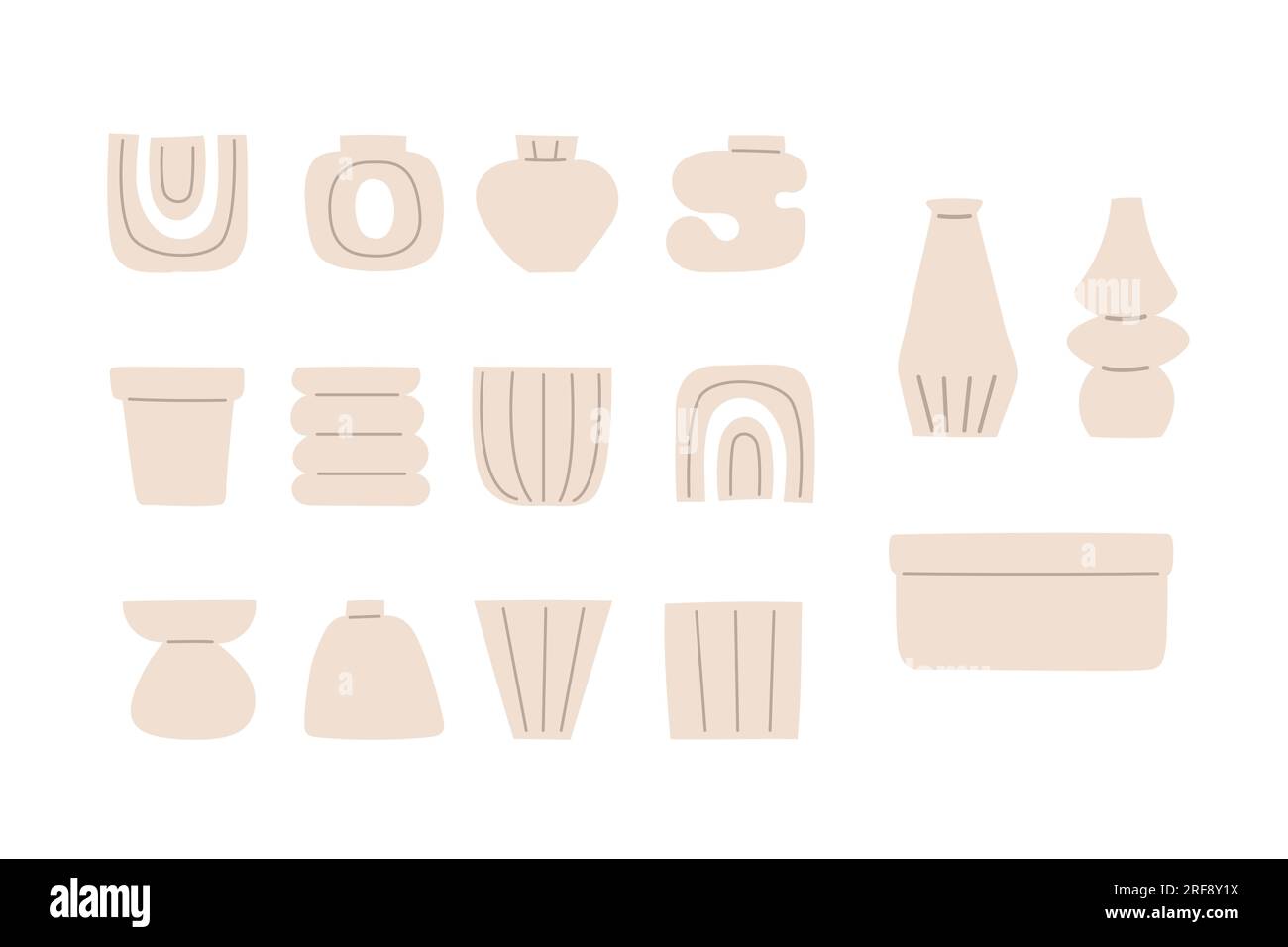 Différentes formes divers vases en céramique ensemble. Pots modernes à la mode, récipients dans un style minimal pour la création de logo, carte, bannière, compositin avec des fleurs Illustration de Vecteur