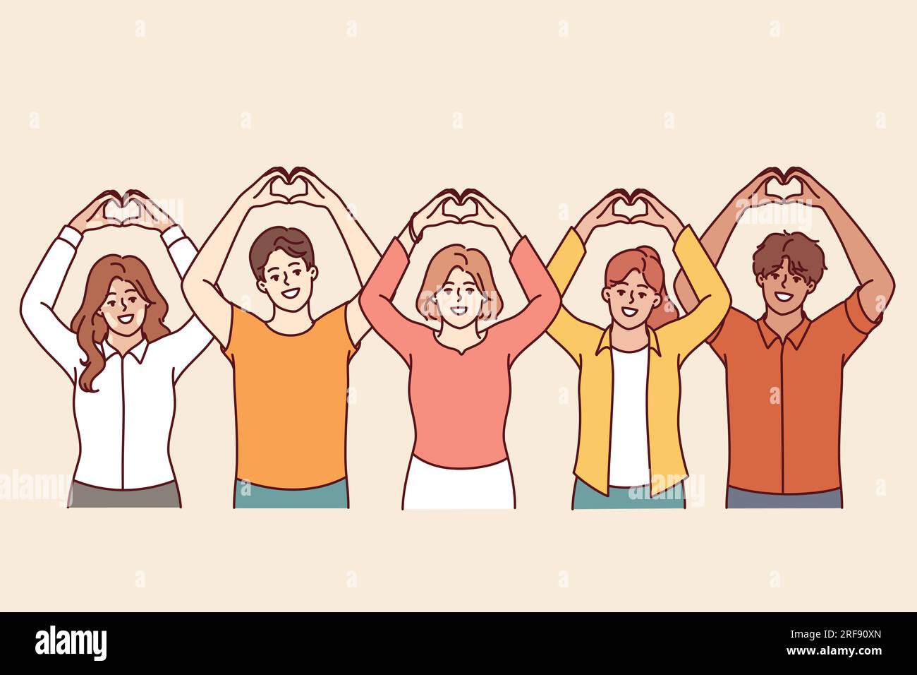 Des bénévoles gentils font la forme du cœur avec les doigts et lèvent les mains au-dessus de la tête. Des hommes et des femmes bénévoles appellent à faire des dons à une fondation caritative pour aider ceux qui en ont besoin Illustration de Vecteur