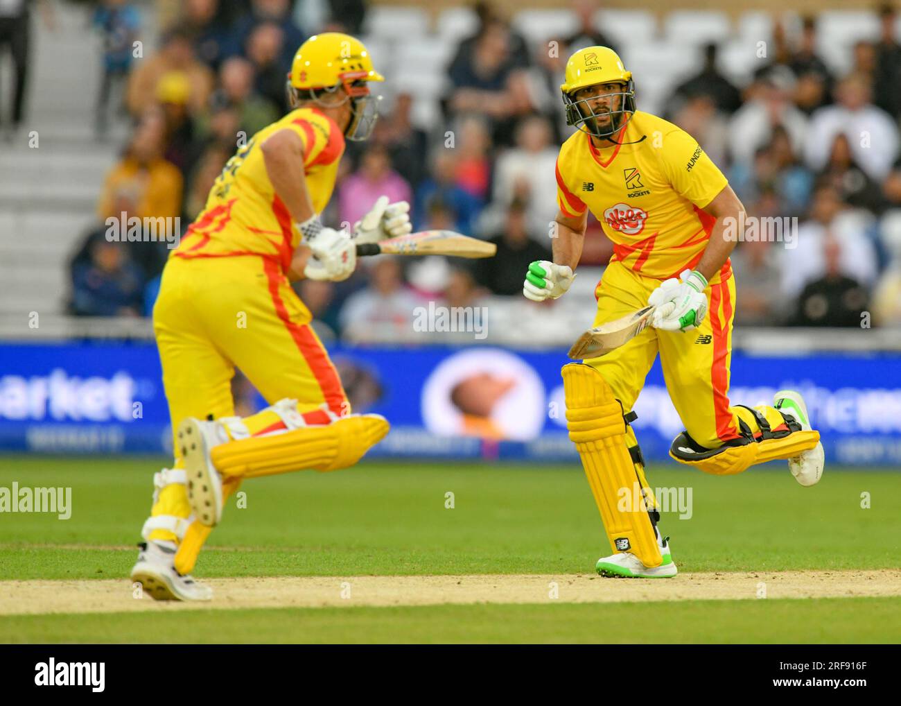 01 août 2023 : Trent Bridge Cricket Ground, Nottingham. Événement : The 100 Double Header (hommes et femmes) : Trent Rockets v Southern Brave. Légende : Sam Hain (Trent Rockets) et Imad Run photo : Mark Dunn/Alamy Live News (Sports) Banque D'Images