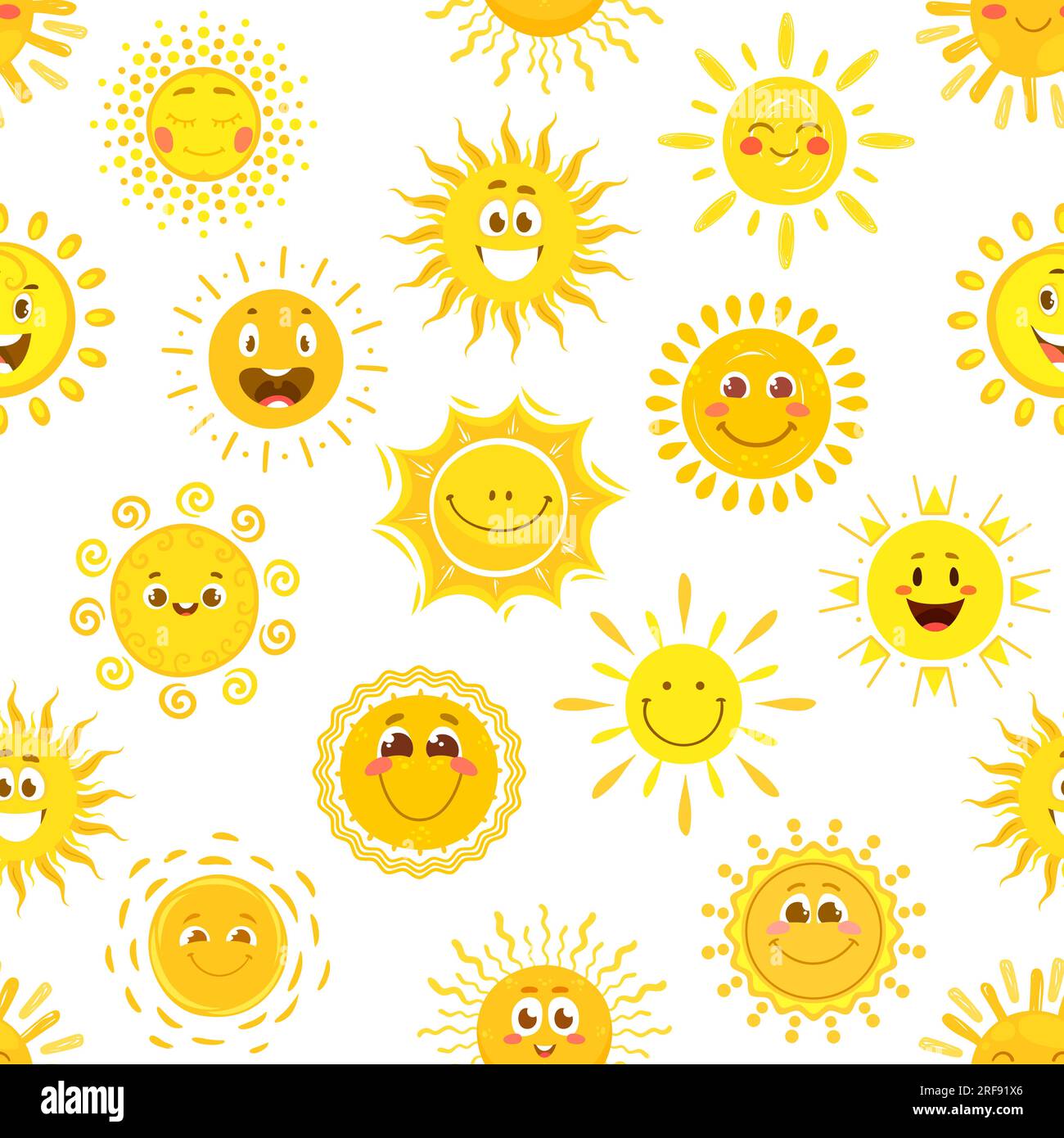 Motif sans couture de personnages de soleil, visages souriants de soleil de dessin animé, fond vectoriel. Modèle d'été avec des visages heureux mignons et drôles emoji et des sourires ensoleillés ou des émoticônes brillantes joyeuses Illustration de Vecteur