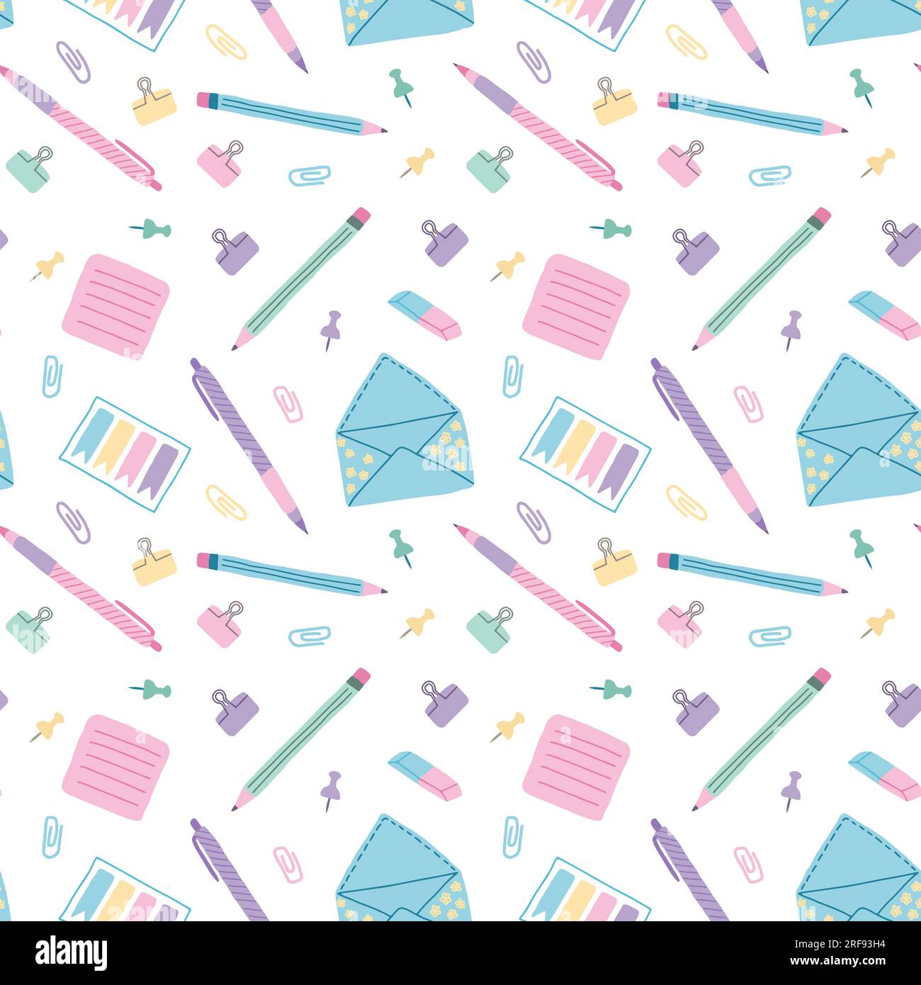 Fournitures scolaires de papeterie à motif sans couture. Éducation, auto-apprentissage, apprentissage en ligne à la maison. Vecteur isolé sur blanc. Retour à la conception du thème de l'école Illustration de Vecteur