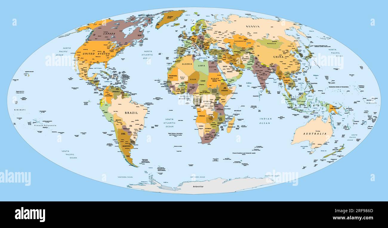 Projection Mollweide de la carte du monde politique Illustration de Vecteur