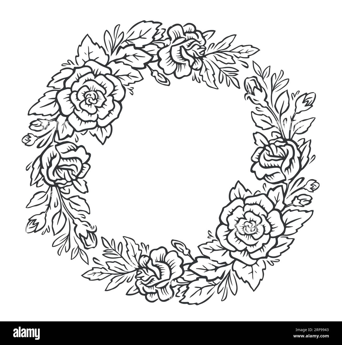Cadre rond avec des fleurs décoratives avec des feuilles. Couronne florale dessinée à la main. Illustration vectorielle vintage motif roses Illustration de Vecteur