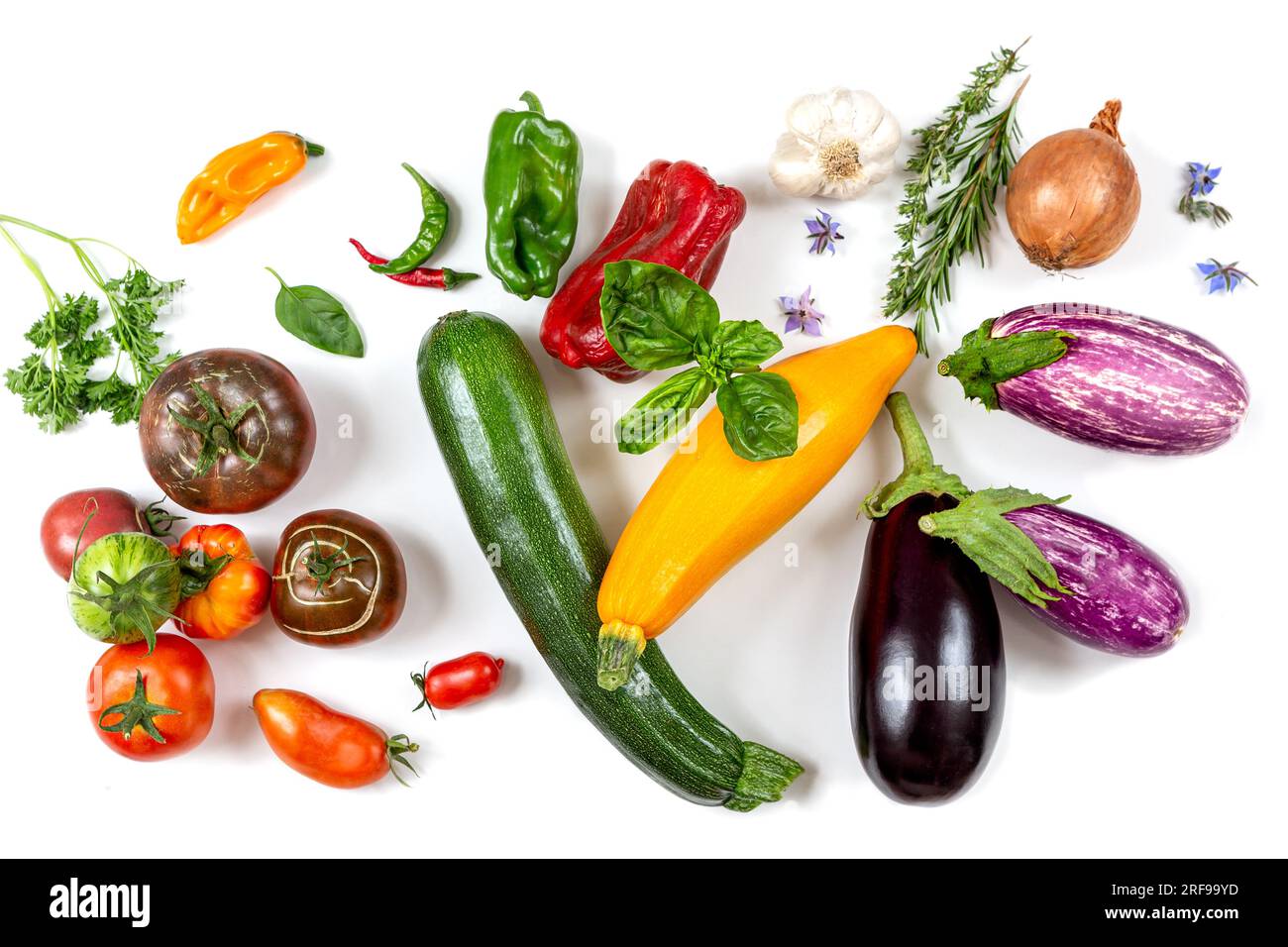Aubergines, courgettes, tomates, poivrons, ail, Oignon et aromatiques sur un fond blanc - vue de dessus. Banque D'Images