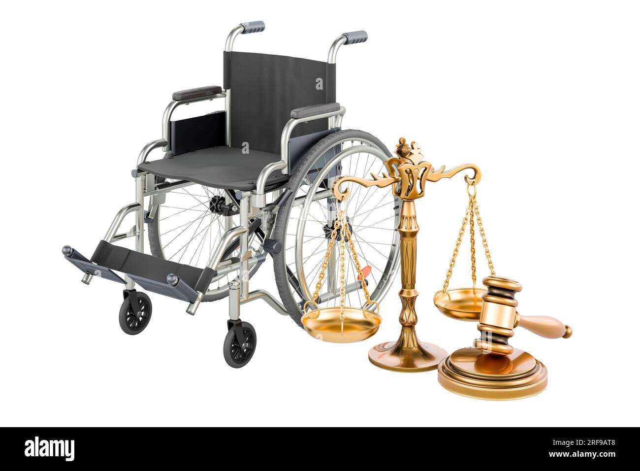 Fauteuil roulant avec marteau en bois et échelles de justice. Rendu 3D isolé sur fond blanc Banque D'Images