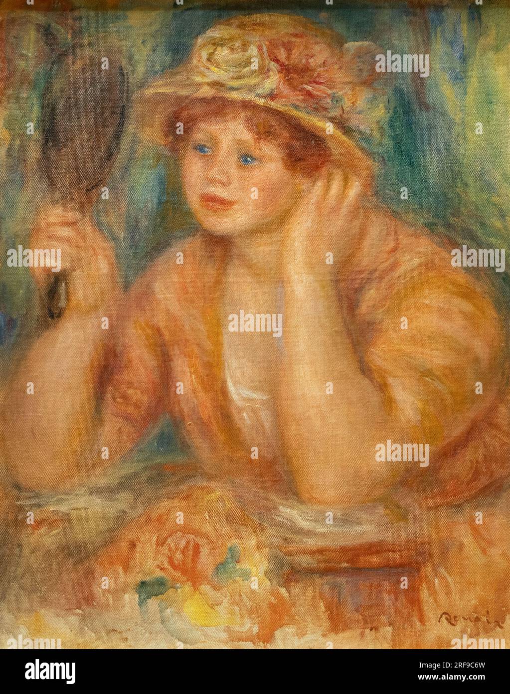 Portrait de Renoir ; Pierre Auguste Renoir peinture ; Jeune femme au miroir - Jeune femme dans le miroir, 1915. Peintre impressionniste français, 1841-1913 Banque D'Images