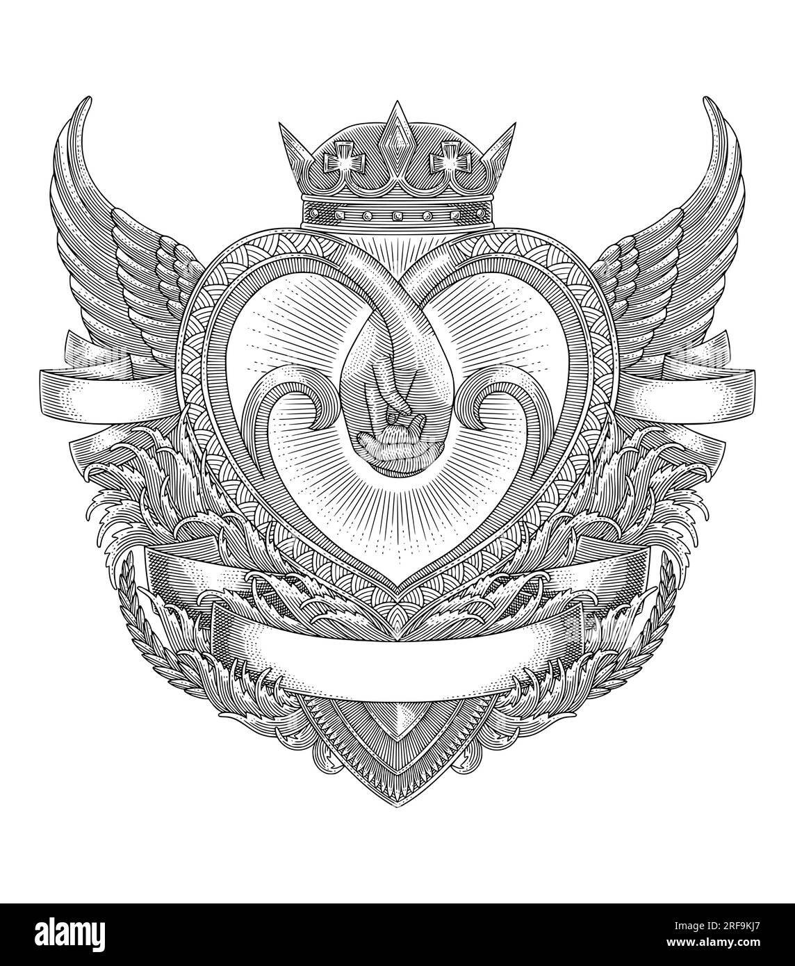 deux mains serrées ensemble avec coeur, couronne, ailes d'ange, ornement floral et bannières, concept de conception pour l'amour véritable, l'amitié ou la relation. VI Illustration de Vecteur