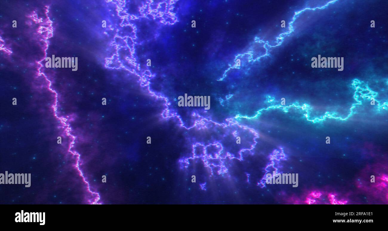 Arrière-plan futuriste abstrait avec lignes magiques d'énergie multicolores bleues et violettes et vagues de motifs cosmiques. Banque D'Images