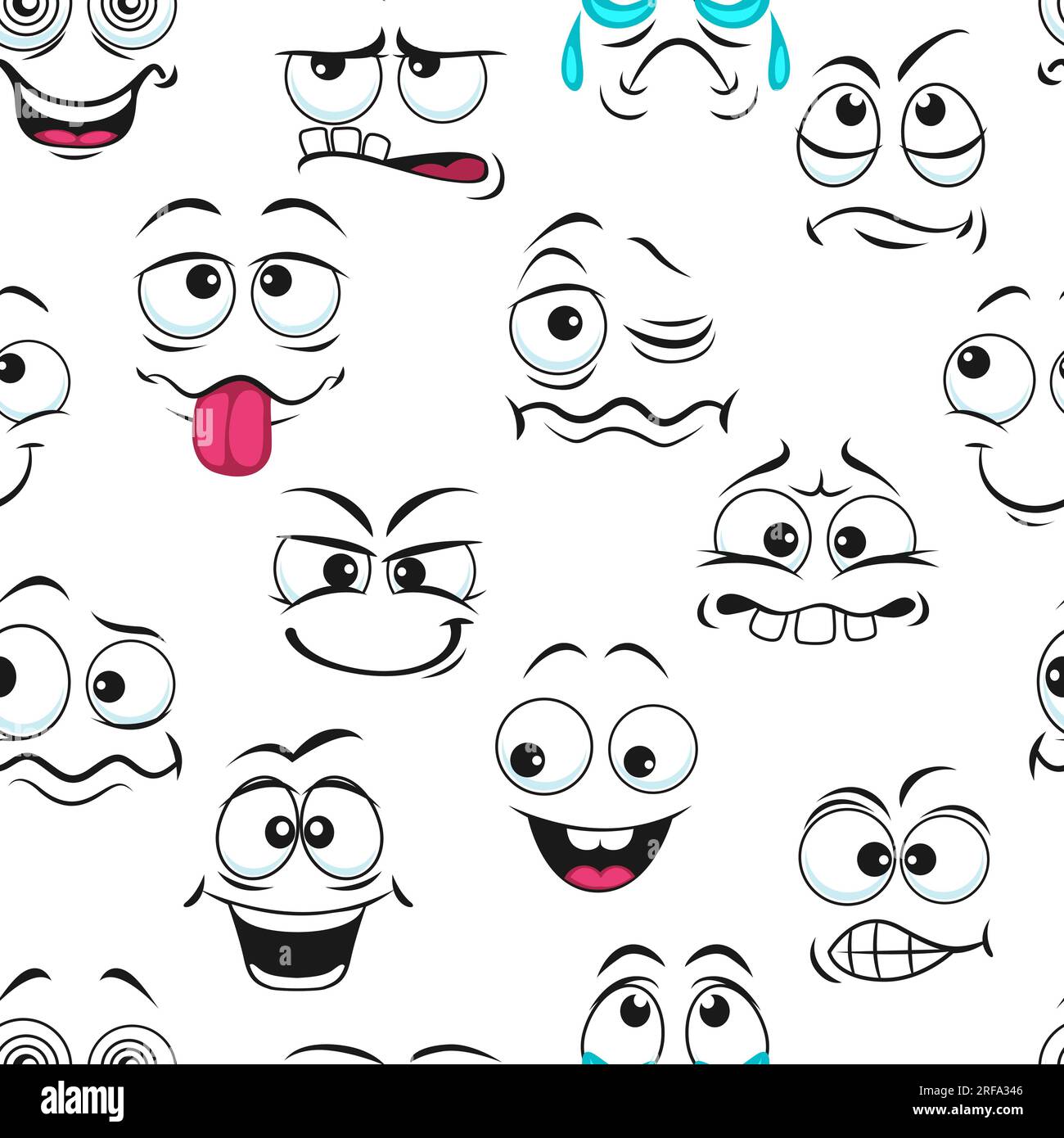 Dessin animé drôle, triste, pleurant et heureux visage motif sans couture, fond emoji vectoriel. Expression d'émoticônes ou motif de sourire Kawaii en doodle, yeux emoji de visage drôle et bouche avec des sourires mignons comiques Illustration de Vecteur
