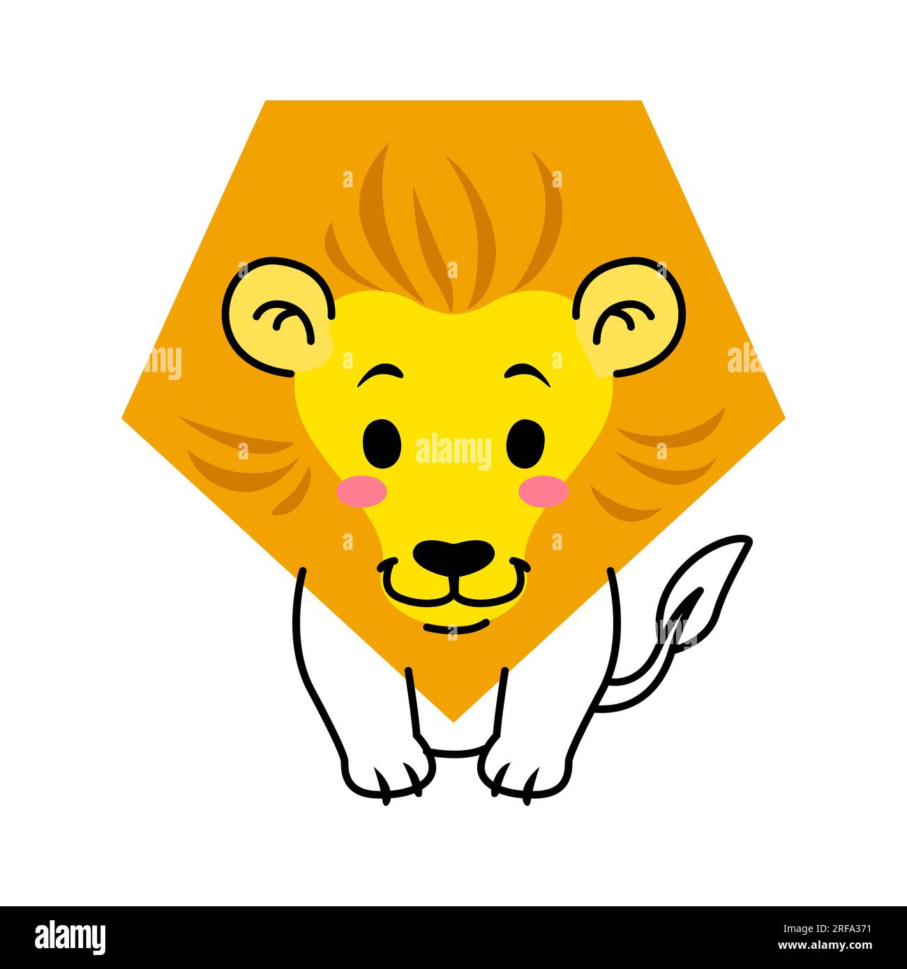 Personnage animal de lion de dessin animé avec la forme mathématique, l'éducation des enfants de vecteur. Géométrie de base et mathématiques personnage de chat lion safari africain mignon avec tête, visage et crinière en forme de pentagone jaune Illustration de Vecteur