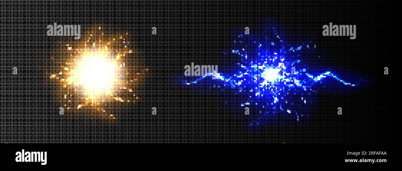 Ensemble réaliste d'éclairs isolés sur fond transparent. Illustration vectorielle de boules d'énergie électrique bleues et jaunes, étincelles de Illustration de Vecteur