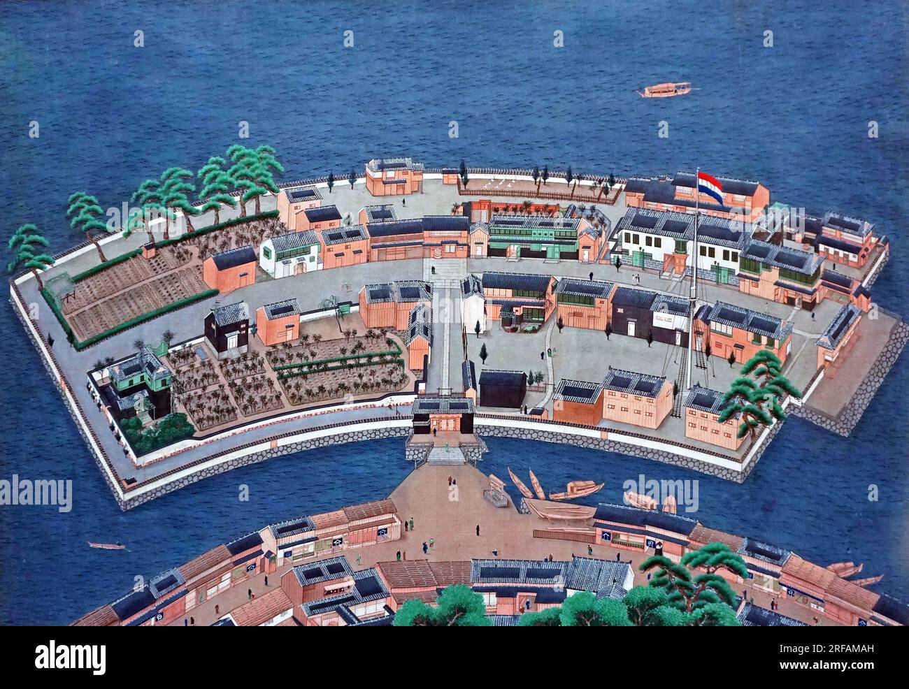 川原慶賀 Une peinture historique en vue aérienne de l'île artificielle en forme d'éventail de Deshima dans le port de Nagasaki, produite par l'atelier de Kawahara Keiga (c. 1833–1836) (1786–1860) Banque D'Images
