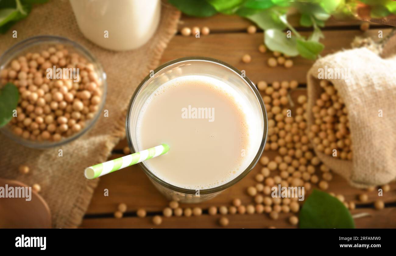 Détail de boisson de soja dans une tasse en verre avec paille sur une table en bois avec du soja et des feuilles. Vue de dessus. Banque D'Images