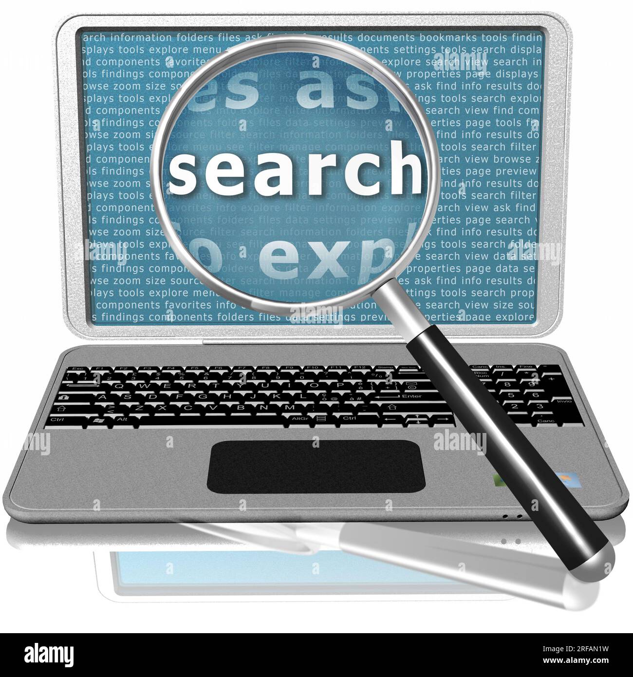 Illustration 3D. Ordinateur portable, ordinateur portable gris avec loupe  pour la recherche de fichiers ou de sites Web. Concept et symbole de  recherche Photo Stock - Alamy